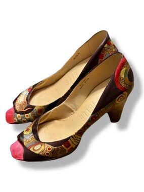 Sachelle Hand-Painted Boho Gypsy Peep-Toe Heels EU 40 / US 9 Unique Art-to-Wear